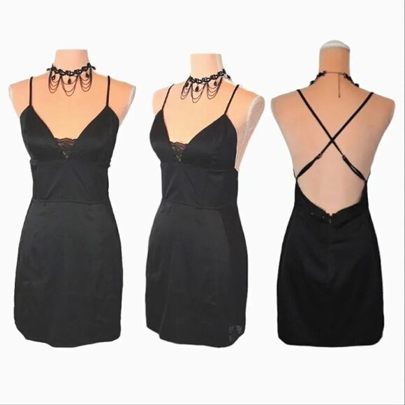 Y2K Black Satin And Lace Strappy Tank Mini Slip Dress Large *fits like Small - Picture 6 of 16